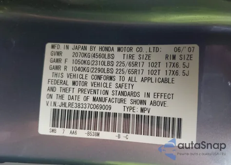 2007 Honda Cr-V Lx z USA, uszkodzony, nr VIN JHLRE38337C069009